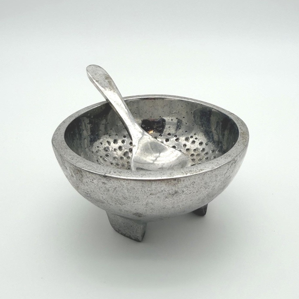 VTG Pewter Footed Bowl And Spoon/Sugar/Salt/salsa/guacamole Molcajete Salt Celar